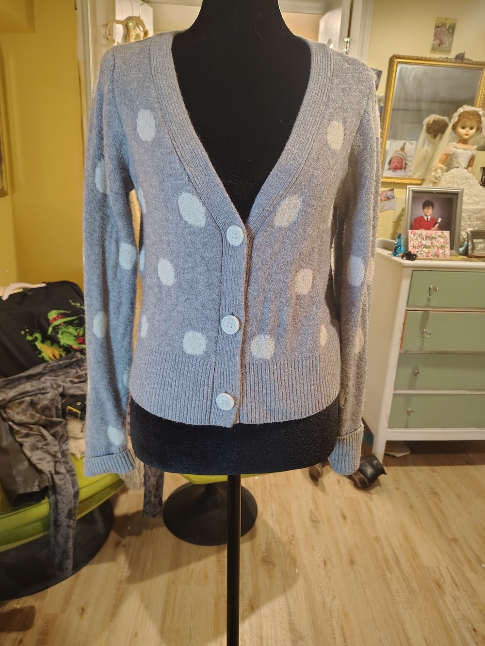 Sincerly Jules Light Gray White Polka Dot V-Neck Cardigan
